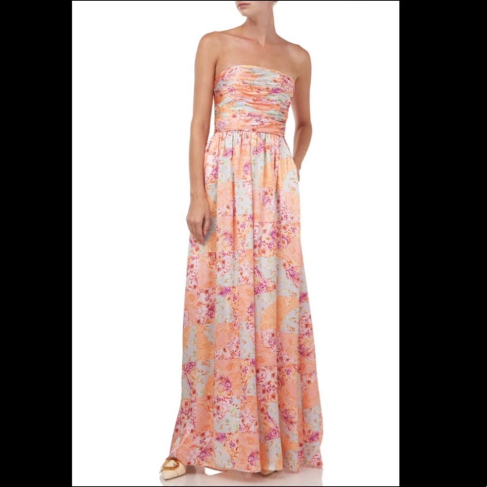 AMUR Kallia Floral Patchwork Wide-Leg Strapless Jumpsuit